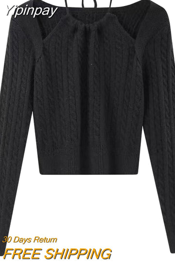 Yipinpay Knitted Sweater Women Korean Fashion Fake Two Pullover Office Lady 2023 Autumn Elegant Long Sleeve Crop Tops Pure Color